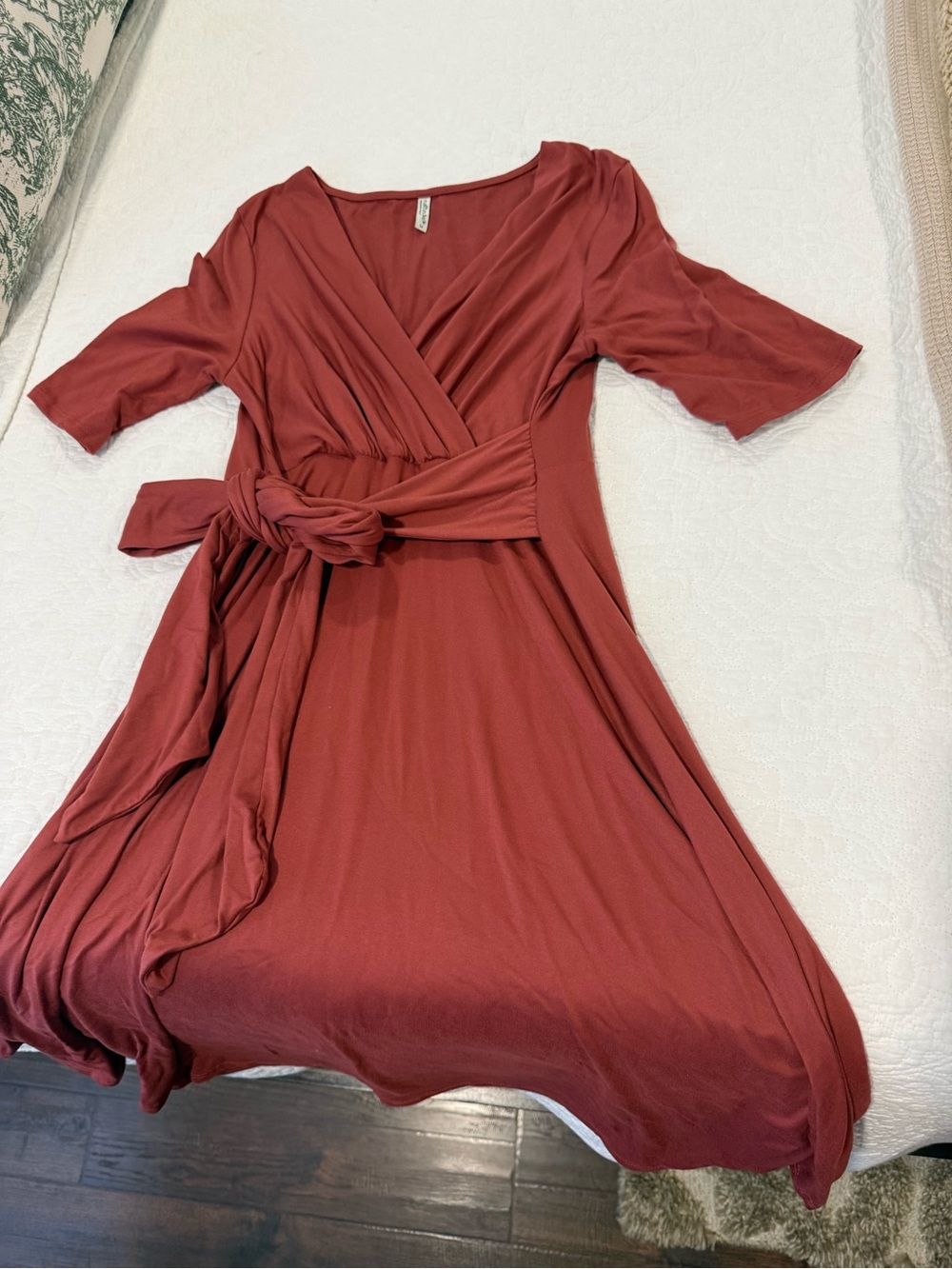 Mother Bee Maternity Wrap Dress in Rust Red - Classic V-Neck with Tie Waist